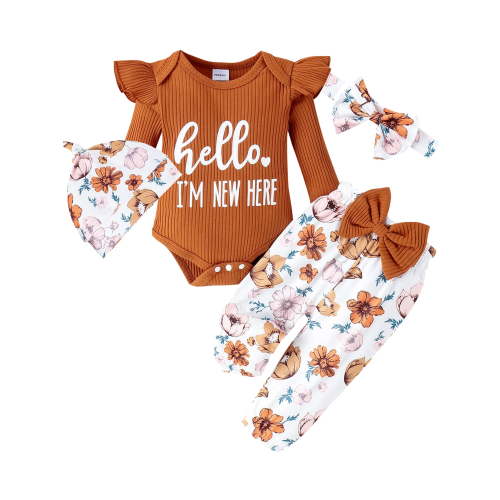 ENFLASH Hello I'M New Here Newborn Outfit Baby Girl Going Home Outfit Ruffle Romper Top Floral Pants Set Cute Fall Winter Clothes