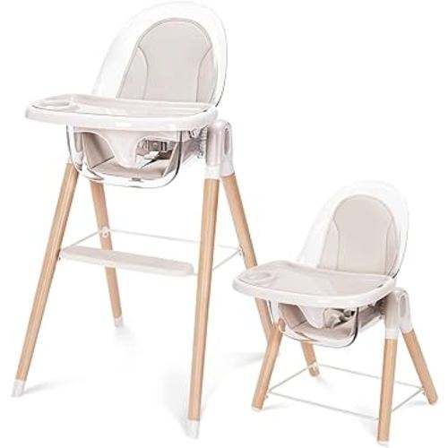 Baby High Chair, 6-in-1 Convertible Wooden Recline Chair with Adjustable Hardwood Leg for Babies and Toddlers, Double Dishwasher Safe Tray & Premium Leatherette
