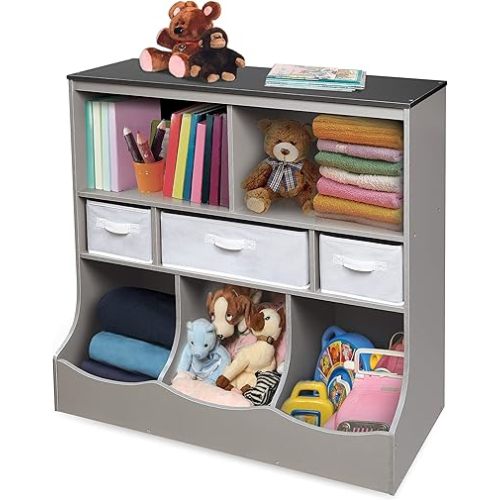 Badger Basket Combo Bin Toy Storage Unit and Book Shelf for Kids with 3 Baskets - Woodgrain/Gray