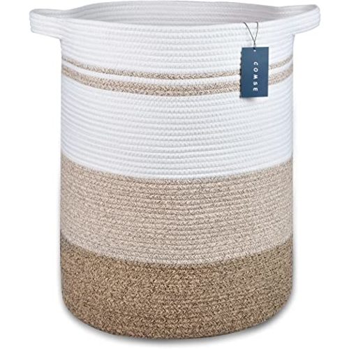 COMSE Extra Large Laundry Basket, Tall Blanket Basket, Laundry Hamper with Handles, 15.7”x 21.7”, Cotton Rope Basket, Woven Laundry Basket, Toy Basket, Clothes Baskets,Woven Basket,Gradient Brown