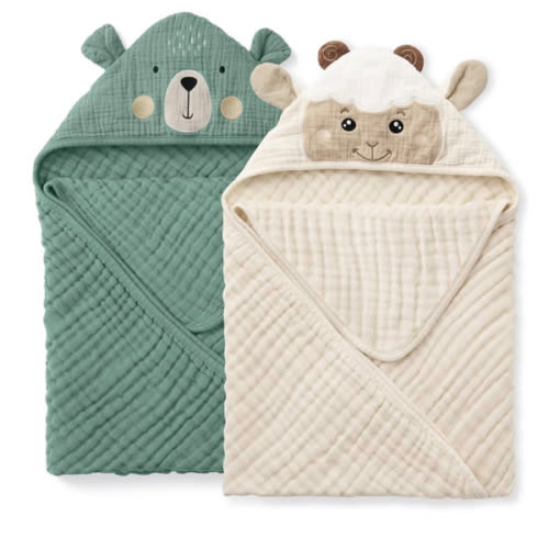 Blissful Diary Muslin Baby Hooded Towel 2 Pack, Soft & Absorbent Bath Towel for Infant, Toddler, Unisex, Baby Gift, Newborn Essentials, Bear & Lamb