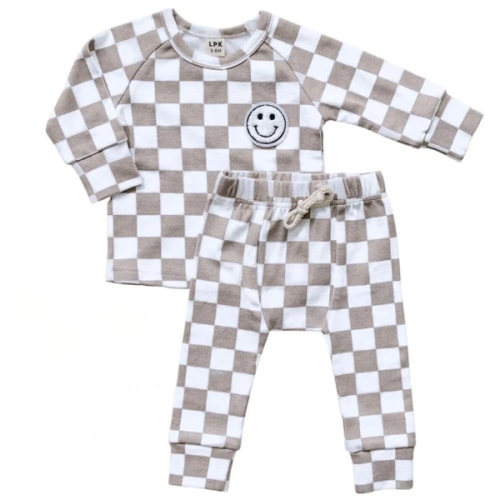 Checkered Smiley Lounge Set | Latte