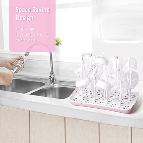 Termichy Baby Bottle Drying Rack, Large Capacity Baby Bottle Rack for Bottles, Dry Rack with Removable Water Tray (Pink)
