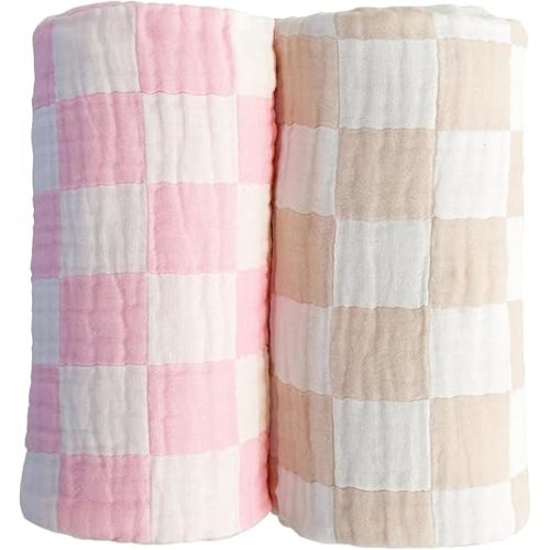 Ultra Soft Checkered Muslin Baby Blanket Pack of 2 Cotton Swaddles Bed Blankets for Babies and Toddlers Girls Newborn 42 x 42 inches Cream and Pink