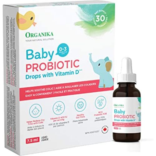 Organika Canadian-Made Baby Probiotic Drops with Vitamin D- Soothe Colic, Reduce Fussing, Aid in Growth and Development- White, 7.5 ml (Pack of 1)