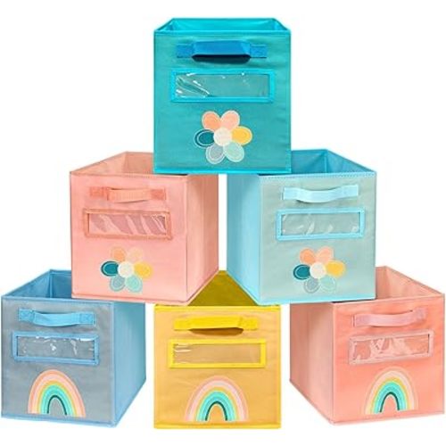 Cube Storage Bins, 6 Pack 11 Inch Fabric Storage Bins with Handle and Label Window, Foldable Storage Cubes, Colorful Fabric Bins for Kids Room, Classroom Organization and Storage, Clothes, Toys