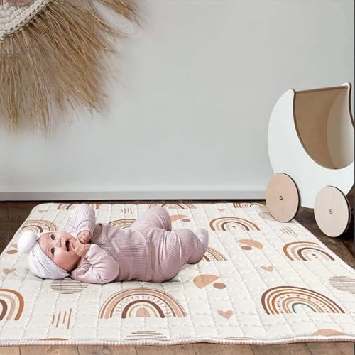Baby Play Mat, 50x50 Playpen Mat with Super Soft Touch, Thick Activity Mat with Upgraded Anti-Slip Bottom, Machine Washable Crawling Mat for Floor & Picnic (Boho Rainbow)