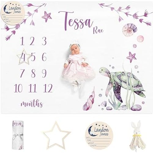 Custom Name Baby Milestone Blanket - Double Sided Monthly Blanket with Sea Turtle Print for Boy & Girl Photography Props (30"x40")