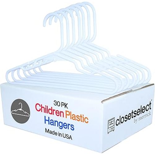 30 Pk Kids Children Hangers Plastic Made in USA, for Children, Infant, Toddler, Baby Clothes, White, 30 Pack Non-Slip