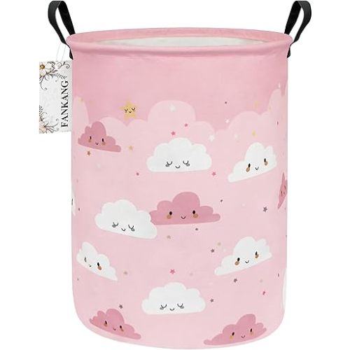 FANKANG Storage Basket, Nursery Hamper Canvas Laundry Basket Foldable with Waterproof PE Coating Large Storage Baskets for Kids Boys and Girls, Office, Bedroom, Clothes,Toys(pink cloud)