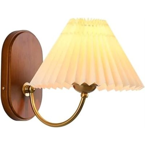 Mid Century Modern Wall Sconce Wood White Pleated Fabric Shade Nordic Vintage Gold Wall Light Hardwired Bedside Wall Mounted Lamp for Living Room Kids Girls Bedroom Indoor