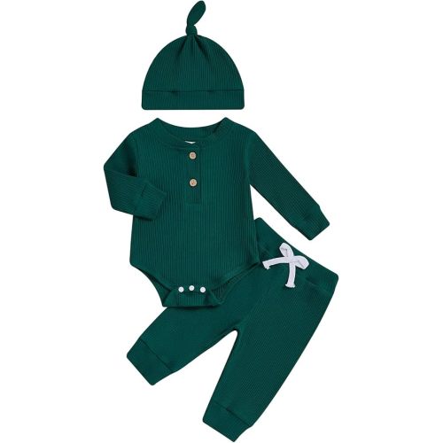 Newborn Baby Boy Clothes Long Sleeve Ribbed Bodysuit Pants Hat 3-Piece Outfit Set