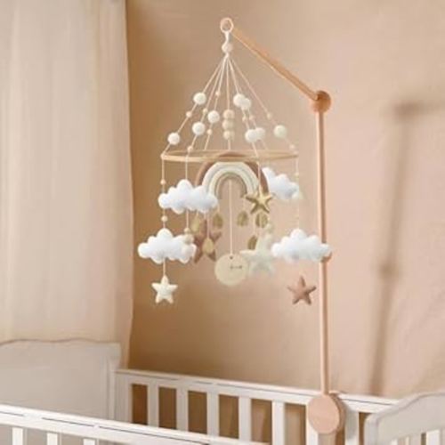 Rainbow Mobile for Crib - A Gender Neutral Boho Mobile for Crib with Gold Stars and Clouds