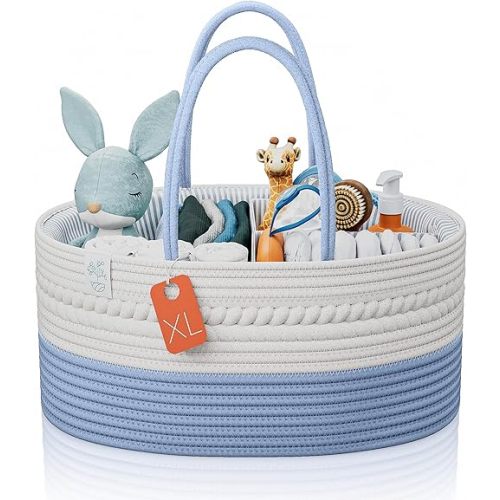 KiddyCare Baby Diaper Caddy Organizer Basket with Dividers, Car Basket Organizer Cart for Storage Portable Woven Diaper Caddy for Changing Table Nappy Caddy Tote Bag for Baby Stuff Blue X-Large