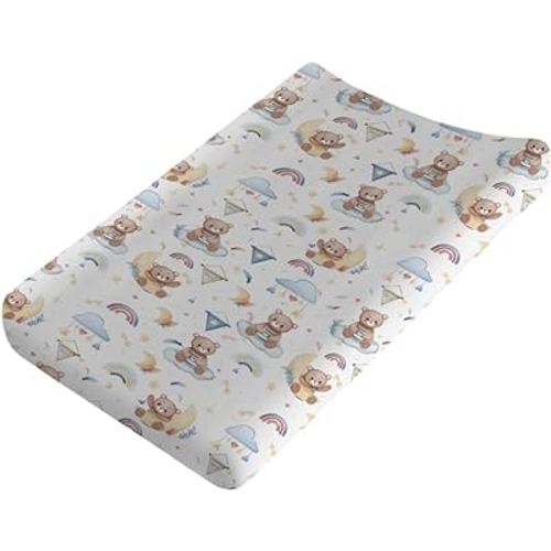 Cute Bear Changing Pad Cover Cartoon Bear Rainbow Moon Stars Clouds Leaf Diaper Changeg Table Sheets Cover for Boys Girls Soft Stretchy Snug Fitted Baby Changing Table Mats 32''x16'' Blue