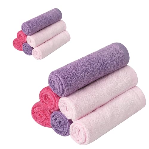 BESSLEE 12 Pack Baby Girl Washcloths Bulk for Newborn, Extra Soft Face Bath Towel for Toddler, Absorbent Kids Wash Rag for Body, 70% Rayon Derived from Bamboo, 30% Cotton, 10"x10", Purple/Pink/Rose