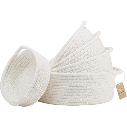 NaturalCozy 5-Piece Round Small Woven Baskets Set– Cotton Rope Baskets for Organizing! Montessori Toys, Fruits Remotes Key Tray Bowl for Entryway Desk, Shallow Catchall Home Décor, Cat Dog Bin Gift