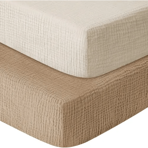 Muslin Crib Sheets for Boys Girls 100% Cotton Fitted Baby Crib Sheet 2 Pack Soft and Breathable for Standard Crib Mattress & Toddler Mattress 52x28in (Beige & Coffee)