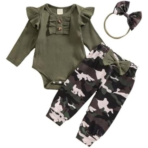 Baby Girls Clothes Ribbed Romper Bodysuit Pants Headband Set Fall Winter Outfits