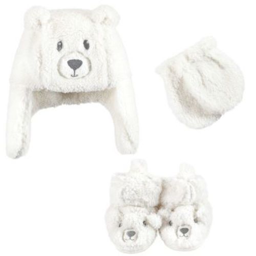 Hudson Baby Trapper Hat, Mitten and Bootie Set, Cream Bear, 0-6 Months