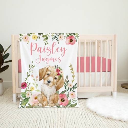 Puppy Theme Nursery Blanket, Floral Dog, Personalized G62