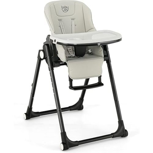BABY JOY High Chair for Babies & Toddlers, Foldable Highchair with Adjustable Backrest/Footrest/Seat Height, Double Removable Trays, Detachable Seat Cushion, Wheels, Aluminum Frame (Gray)