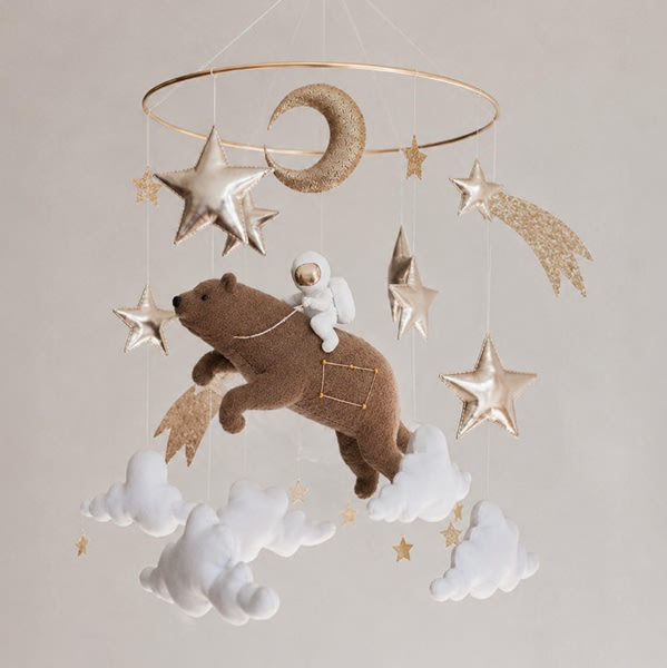 Felt Baby Mobile with Grey Whale & Astronaut | Original Heirloom Quality Neutral Celestial Newborn Gift