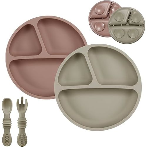 PandaEar Suction Plates for Baby Toddlers, Silicone Baby Plates with Suction, 2 Pack Toddler Plates and Utensils Set, Divided Plates for Kids Infant, Non-Toxic, BPA Free Dishes