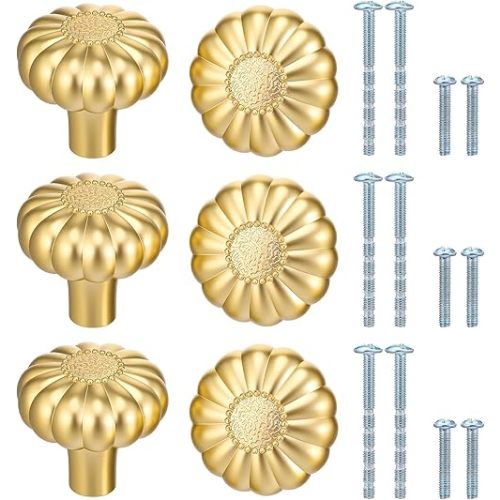6 Pack Gold Knob for Cabinet Dresser Drawer, Brushed Brass Vintage Luxury Pull Decorative Drawer Handles for Cupboard Bathroom Kitchen