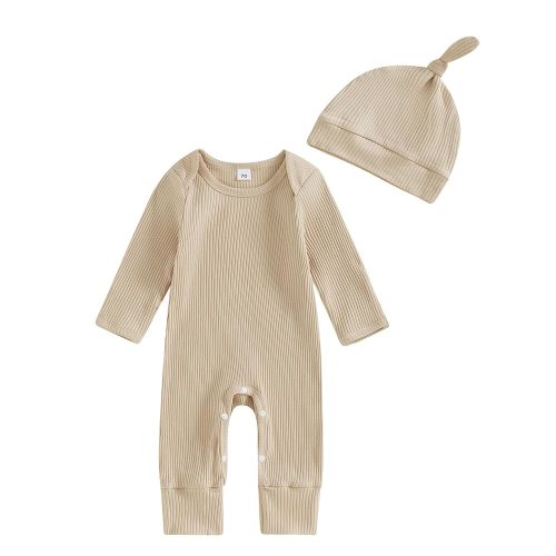 Neutral Baby Clothes Newborn Girl Boy Coming Home From Hospital Outfit Cute Ribbed Knit One-Piece Romper Jumpsuit Hat
