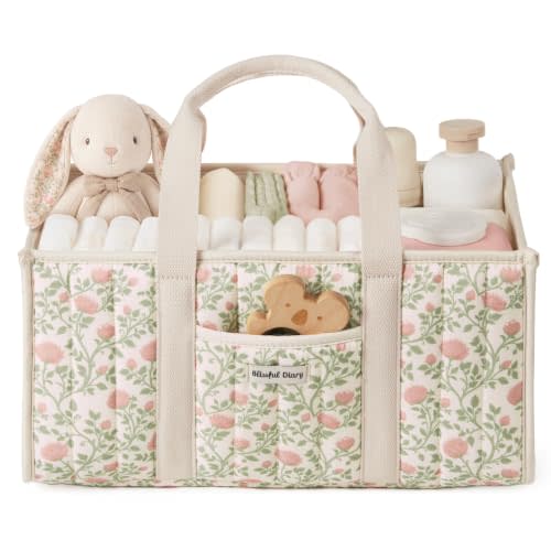 Blissful Diary Floral Diaper Caddy Organizer, Storage Basket, Tulip Garden | Quilted Portable Baby Basket with Removable Dividers, Gift for Baby Shower, Newborn Essentials, Baby Registry Must Have