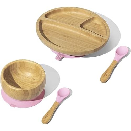 Avanchy Toddler Baby Feeding Suction Plate, Bowl, Spoons Set, Soft Tip Silicone Spoon Babies Set, Divided Bamboo Stay Put Plates, Fits Most Eating Highchairs, Pink