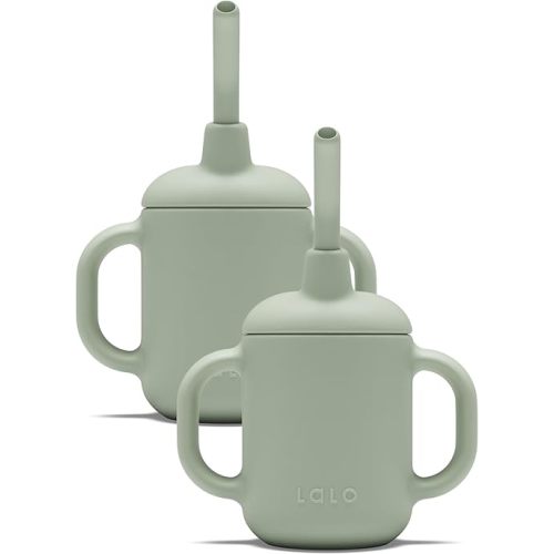 Lalo Little Cup 2-Pack, Non-Toxic Silicone Straw Cup with Handles - Baby and Toddler Sippy Cup - Mini Cup and Straw Training System, 4oz, Sage