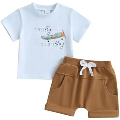Kupretty Baby Boy Clothes Toddler Summer Funny Letter Graphic T-Shirt Shirts + Pockets Shorts Set Vintage Farm Outfit