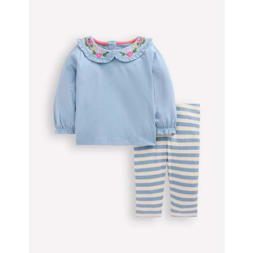 Collared Jersey Set-Blue Floral Embroidery