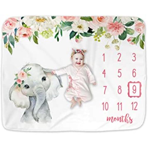 Floral Elephant Baby Monthly Milestone Blanket, Jungle Elephant Girl's Soft Fleece Monthly Milestone Blanket , Girl Elephant Nursery Infant Newborn, Includes Marker (White, 50"x40")