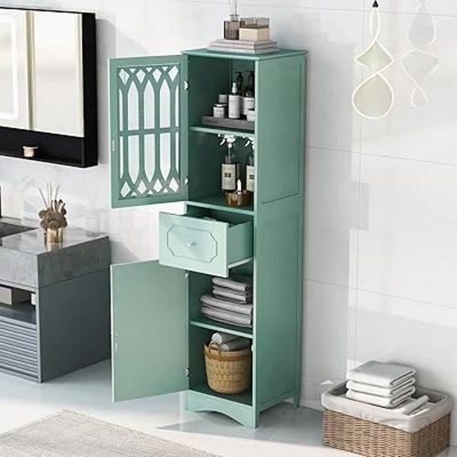 63.8'' Tall Bathroom Cabinet,Freestanding Storage Cabinet with Drawer and Doors,Adjustable Shelf for Bathroom,Living Room,Green