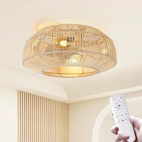 Boho Caged Ceiling Fans with Lights and Remote Control, 20 Inch Flush Mount Rattan Retro Ceiling Fan with Light, 6-Speed Reversible Motor E26 Bulb Base for Bedroom Living Room and Balcony