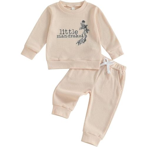 Toddler Baby Boy Girl Fall Outfit Letters Embroidery Long Sleeve Waffle Knit Sweatshirt and Pants Set
