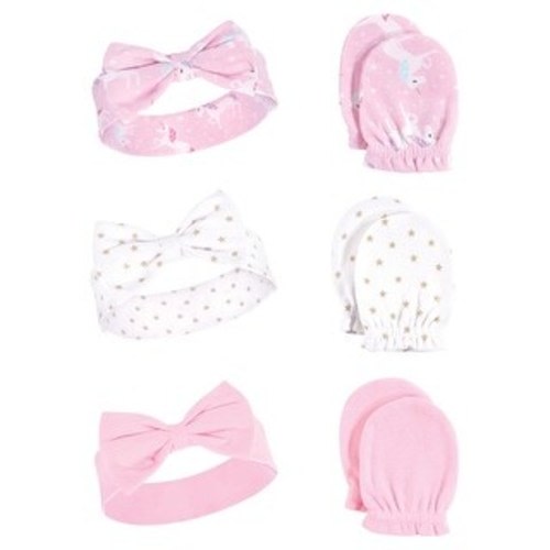 Hudson Baby Infant Girl Cotton Headband and Scratch Mitten 6pc Set, Unicorn, 0-6 Months - Unicorn