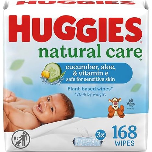 Huggies Natural Care Cucumber, Aloe and Vitamin E Baby Wipes, Hypoallergenic, Scented, 3 Flip-Top Packs (168 Wipes Total), Packaging May Vary