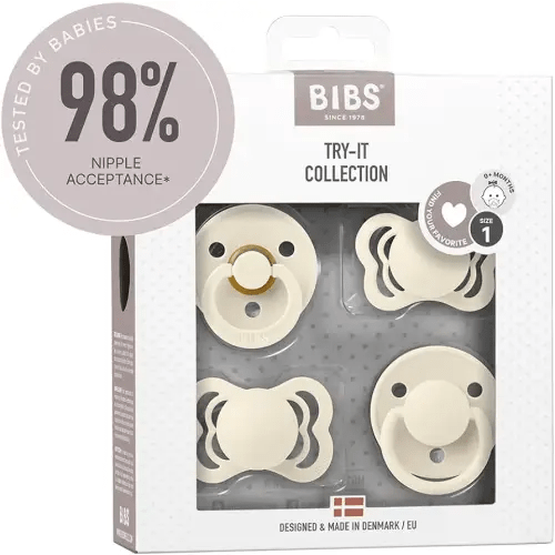 BIBS Pacifiers – Try-it Collection | Includes Colour, De Lux, Couture and Supreme Pacifiers | BPA-Free Natural Rubber & Silicone | Made in Denmark | Ivory | 0 to 6 Months
