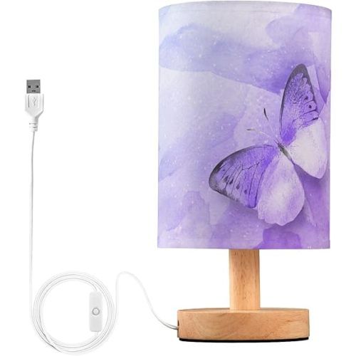 Table Lamp Watercolor Purple Butterfly Galaxy Nightstand Lamp with Wood Base Fabric Lamp Shade Bedside Desk Lamp for Living Room Bedroom Kids Room Office