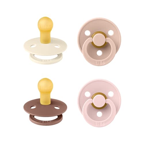 BIBS Colour Pacifier, 0-6 Months, 4-Pack, Round Nipple, Blush Mix | Natural Rubber Latex | Size 1 | BPA-Free | Made in Denmark | High Nipple Acceptance | Airflow Holes | Comfort Shield