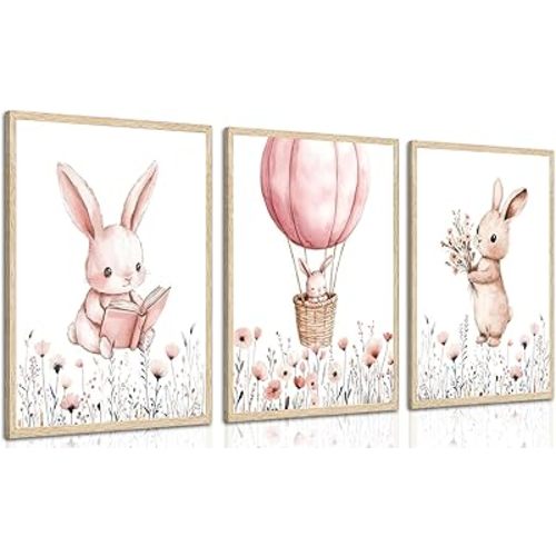 3Pcs Pink Nursery Bunny Wall art Hot Air Balloon Cute Rabbit Wildflowers Painting Pictures Wall Decor Easter Nursery Poster Print Artwork for Girls and Boys Kids Room Baby Room Decor Home Decoration