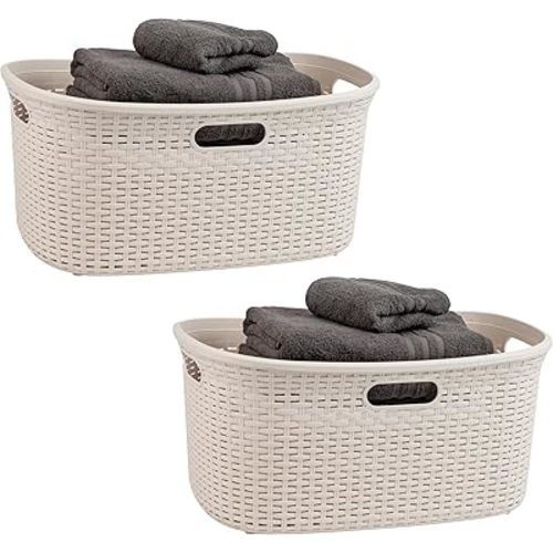 Mind Reader 40L Laundry Basket, Clothes Hamper, Wicker Design, Plastic, 23"L x 14.5"W x 11"H, Set of 2, Ivory