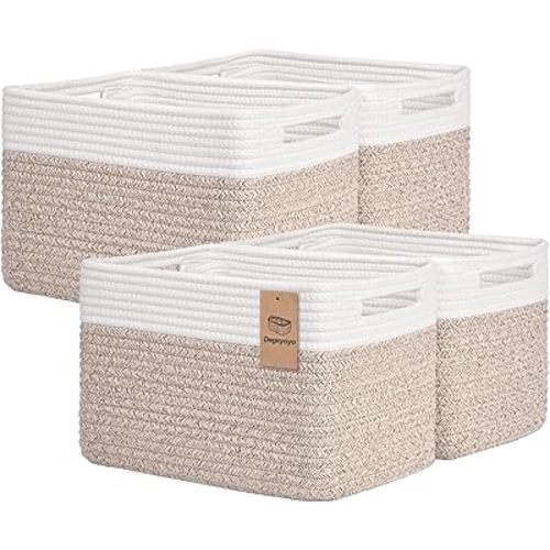 Storage Baskets for Organizing, 4 Pack Baskets for Shelves, Decorative Storage Bins for Shelves, Cotton Rope Storage Basket with Handles, Woven Basket for Storage, 13''Lx8.7''Wx7.9''H, White & Brown