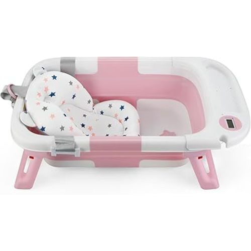 PandaEar Baby Bathtub for Newborn Infant, Collapsible Baby Infant Bath Tub Toddler Travel Bathtub with Soft Cushion & Drain Hole for Toddler 0-24 Months (Pink)