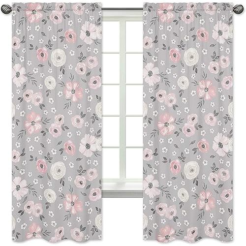 Sweet Jojo Designs Grey Watercolor Floral Window Treatment Panels Curtains - Set of 2 - Blush Pink Gray and White Shabby Chic Rose Flower Farmhouse