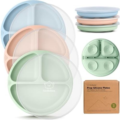 KeaBabies Suction Plates with Lids for Baby, 3-Pack, 100% Silicone (Mellow)